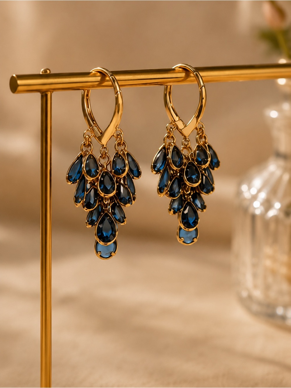 Gold Tone Blue Crystal Chandelier Earrings Elegant Statement Drop Dangle